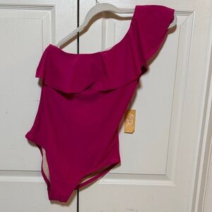 Kona Sol NWT One-Shoulder Ruffle Swimsuit in Magenta- Medium